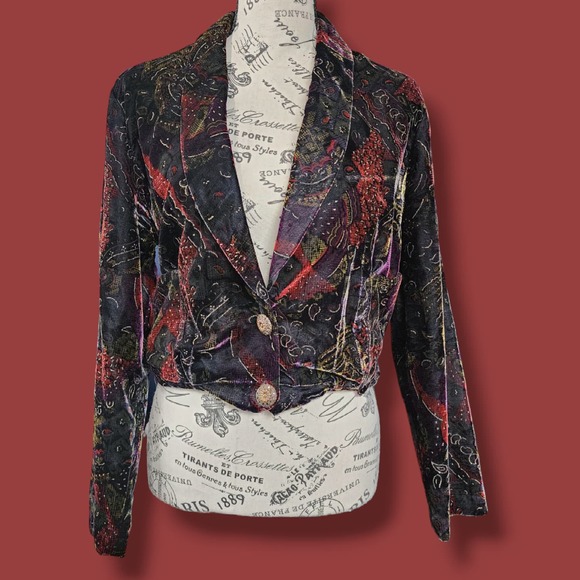 Vtg Rumours Croped Blazer Black Velvet Colorful Metallic‎ women sz Small - Picture 2 of 10